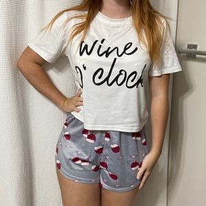 Women’s SHEIN “Wine O’ Clock” gray and white pajama set. Size medium.